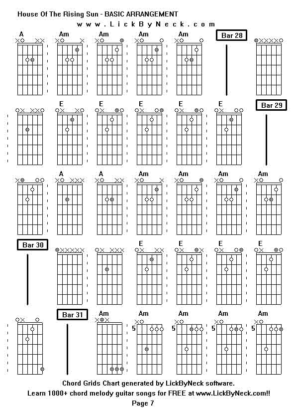 Chord Grids Chart of chord melody fingerstyle guitar song-House Of The Rising Sun - BASIC ARRANGEMENT,generated by LickByNeck software.